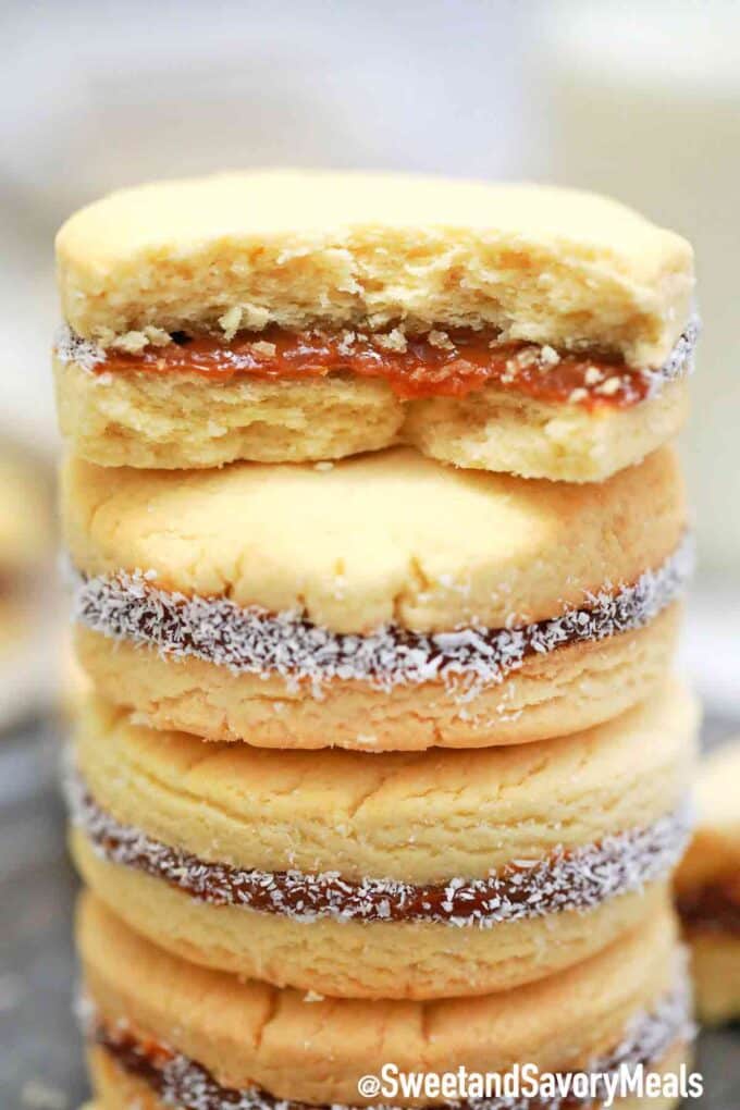 homemade buttery alfajores with dulce de leche