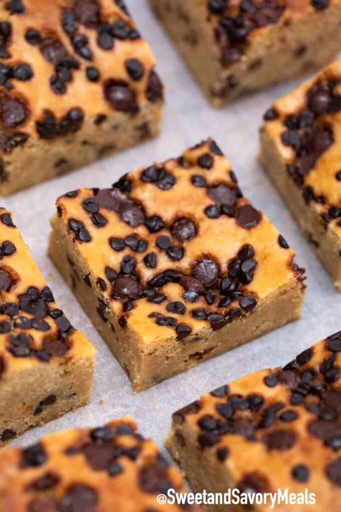 chocolate chip cookie bars on a table