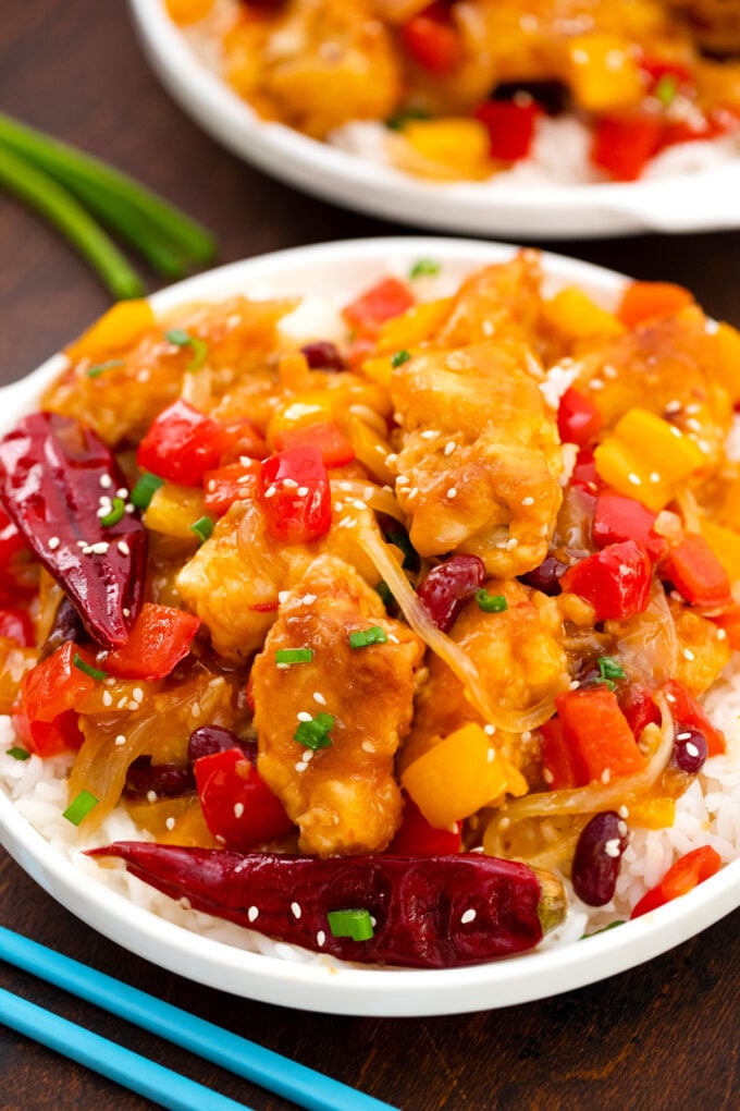 Homemade Panda Express Firecracker Chicken over white rice.