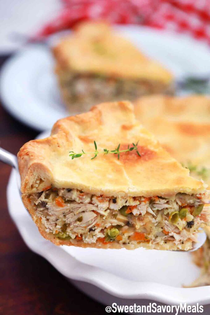 a slice of freshly baked turkey pot pie on a white plate