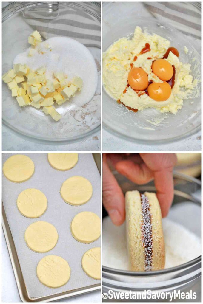 collage of photos showing the steps how to make alfajores