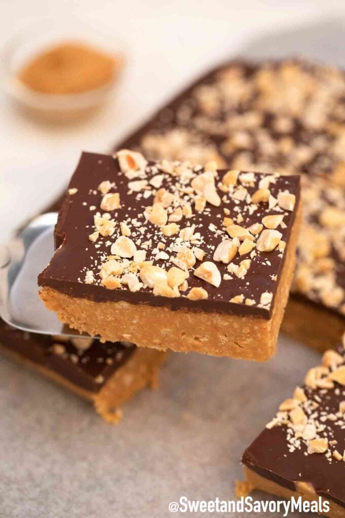 peanut butter bars topped with chocolate