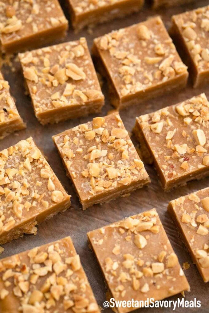 peanut butter fudge with chopped peanuts