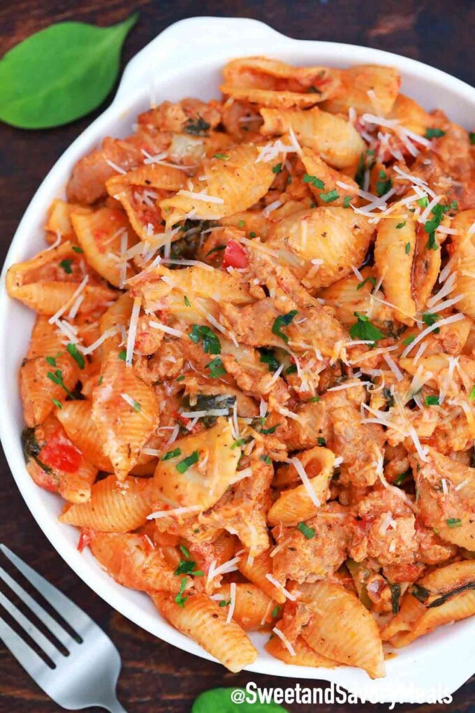 spicy sausage pasta with spinach