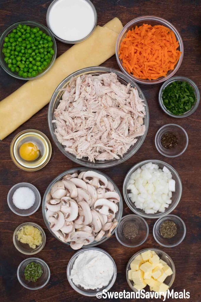 turkey pot pie ingredients in bowls on a table