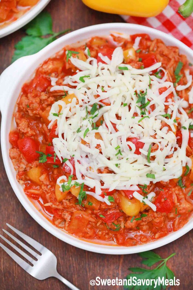 a plate of unstuffed peppers with cheese