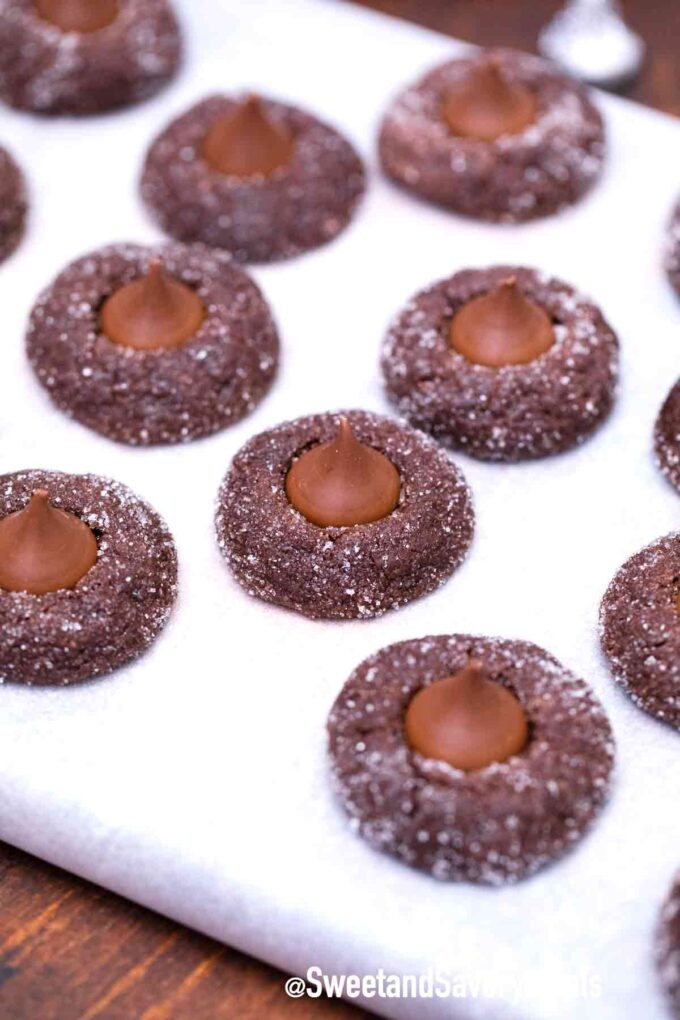 chocolate Hershey kiss cookies on a tray