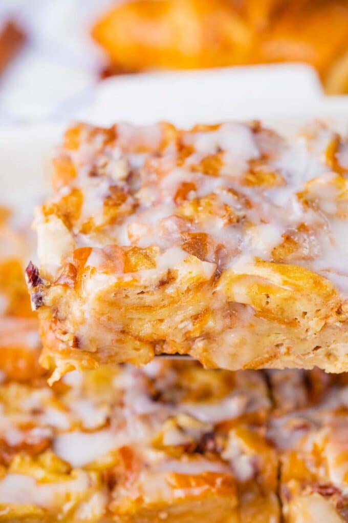 A serving of croissant French toast casserole.