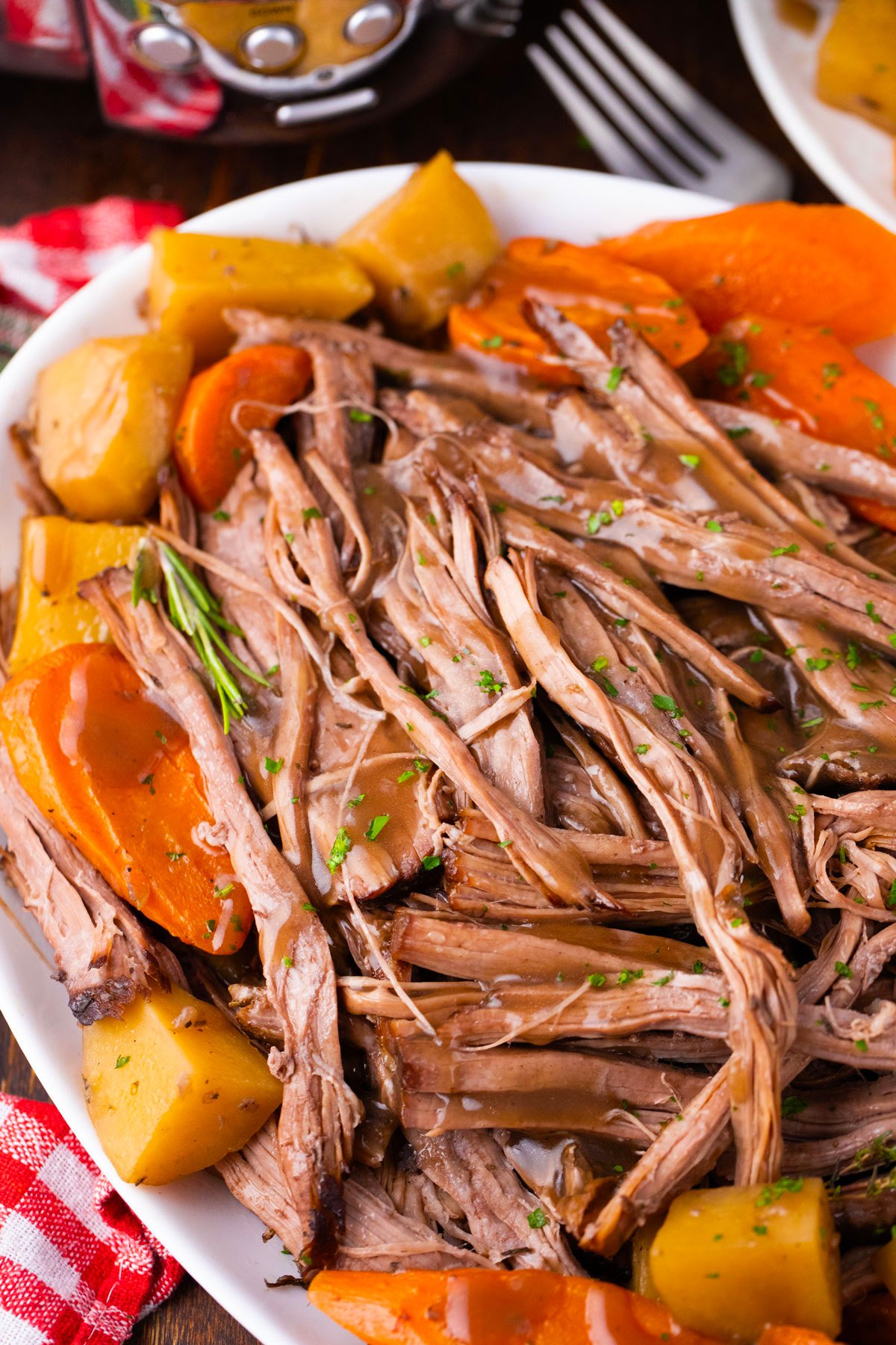 Very tender slow cooker red wine pot roast.