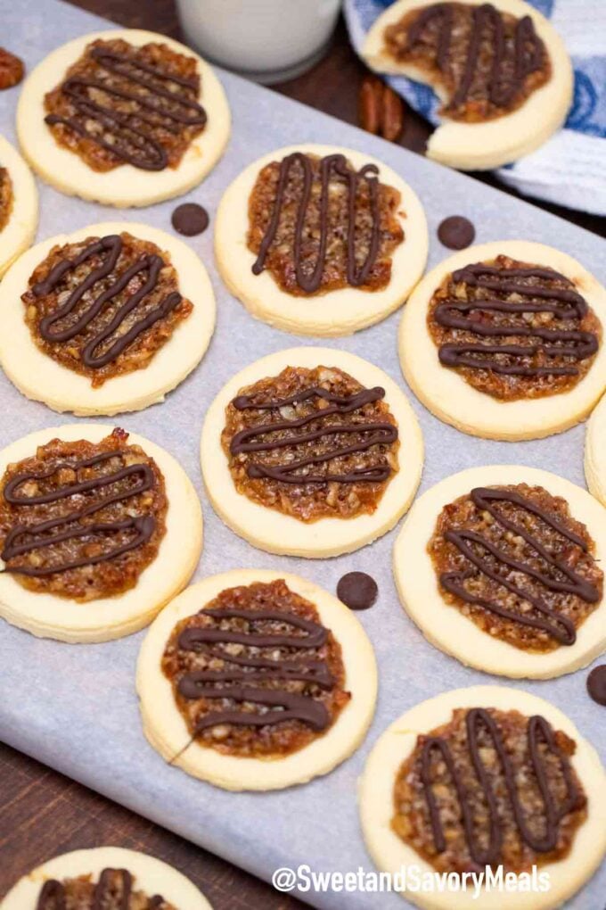 pecan pie cookies on a baking sheet