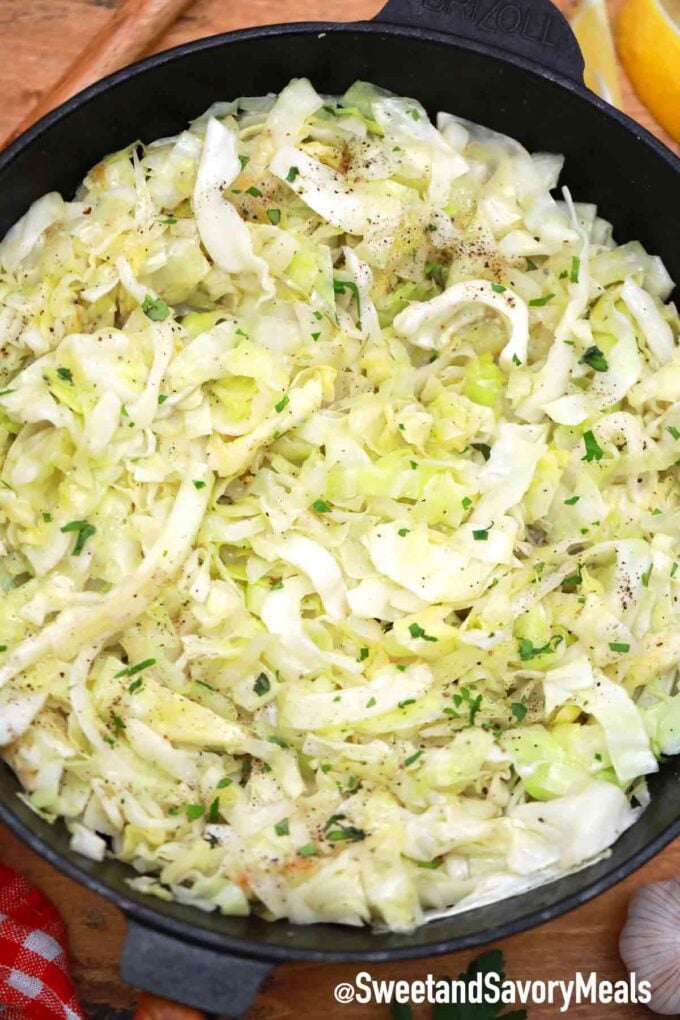 Sautéed cabbage in a cast iron skillet