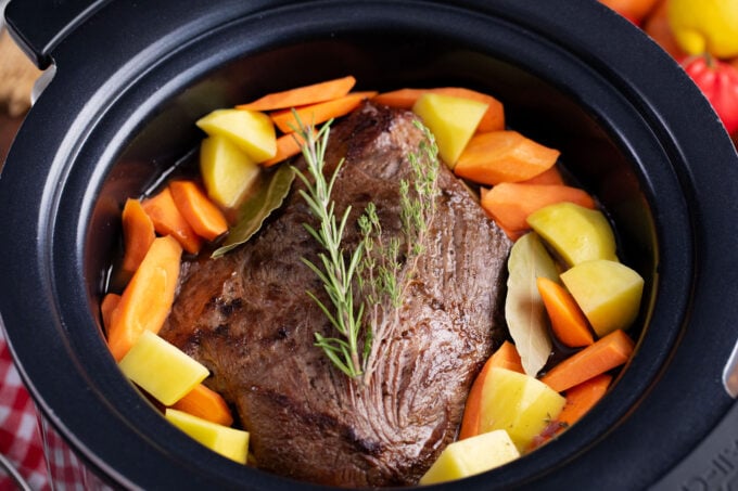 Overhead shot of slow cooker red wine pot roast.