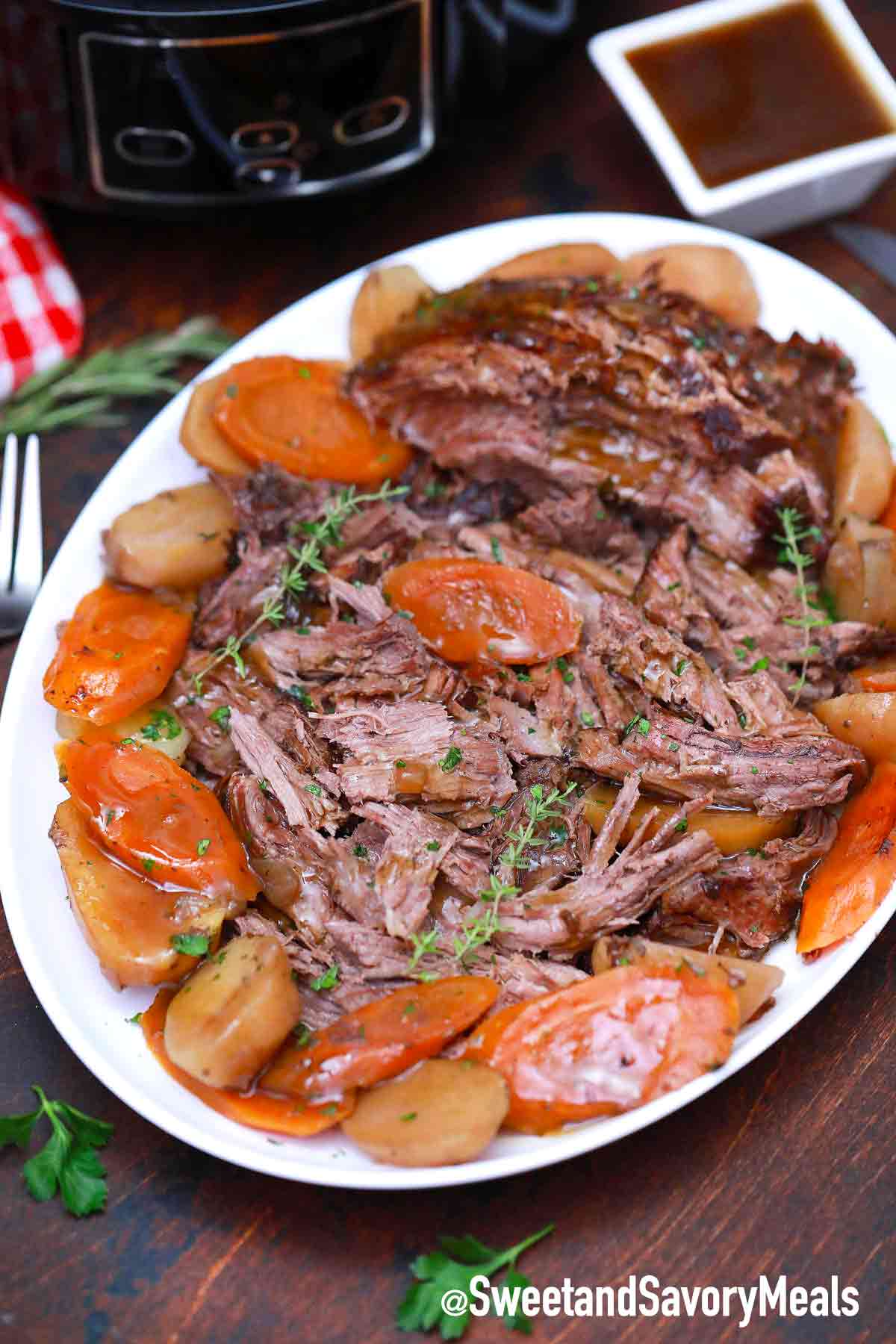 Slow Cooker Red Wine Pot Roast - Sweet and Savory Meals