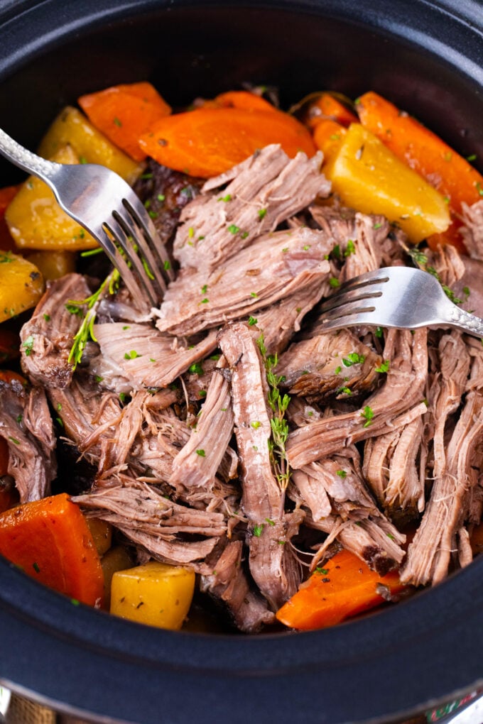 Shredding slow cooker red wine pot roast.