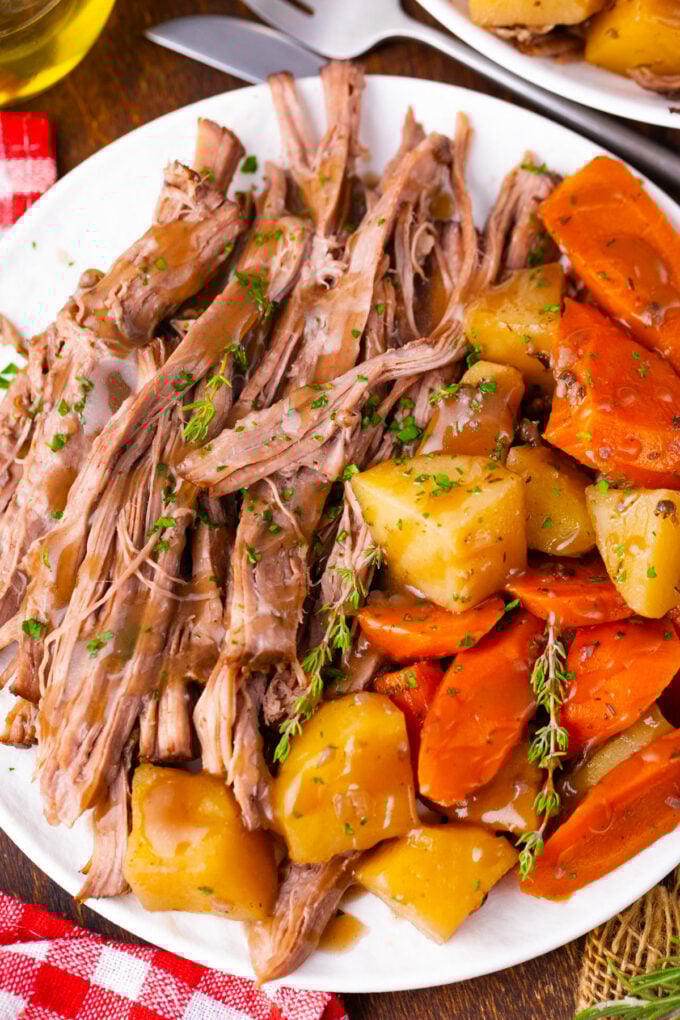 Homemade slow cooker red wine pot roast with red wine glaze.