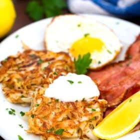 cabbage hash browns with eggs and bacon