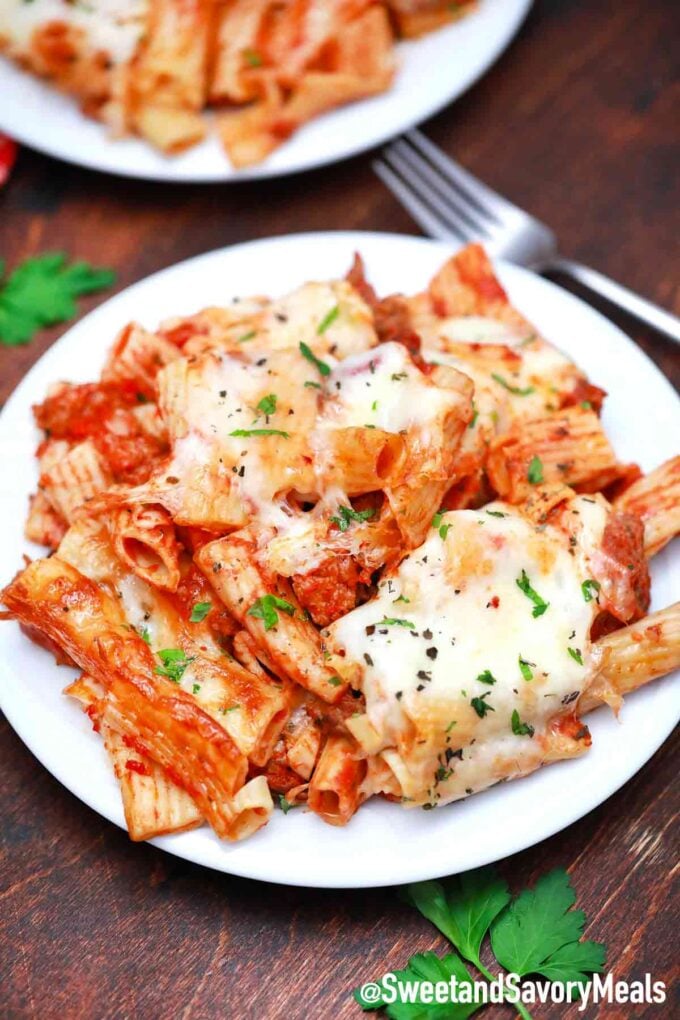 cheesy baked pasta in marinara sauce