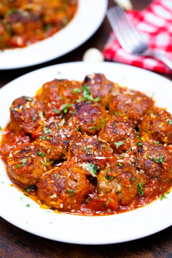 Homemade turkey meatballs in marinara sauce.