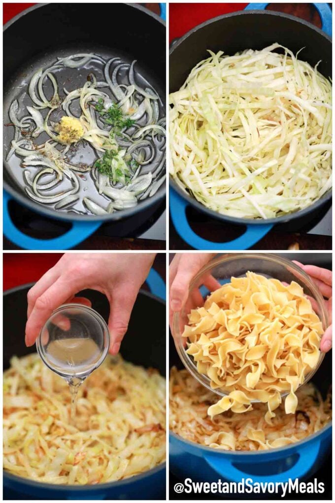 photo collage of steps how to make fried cabbage and noodles