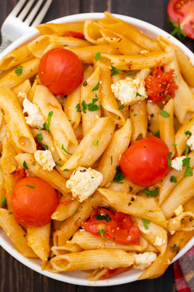 Overhead shot of vegetarian Instant Pot feta pasta.