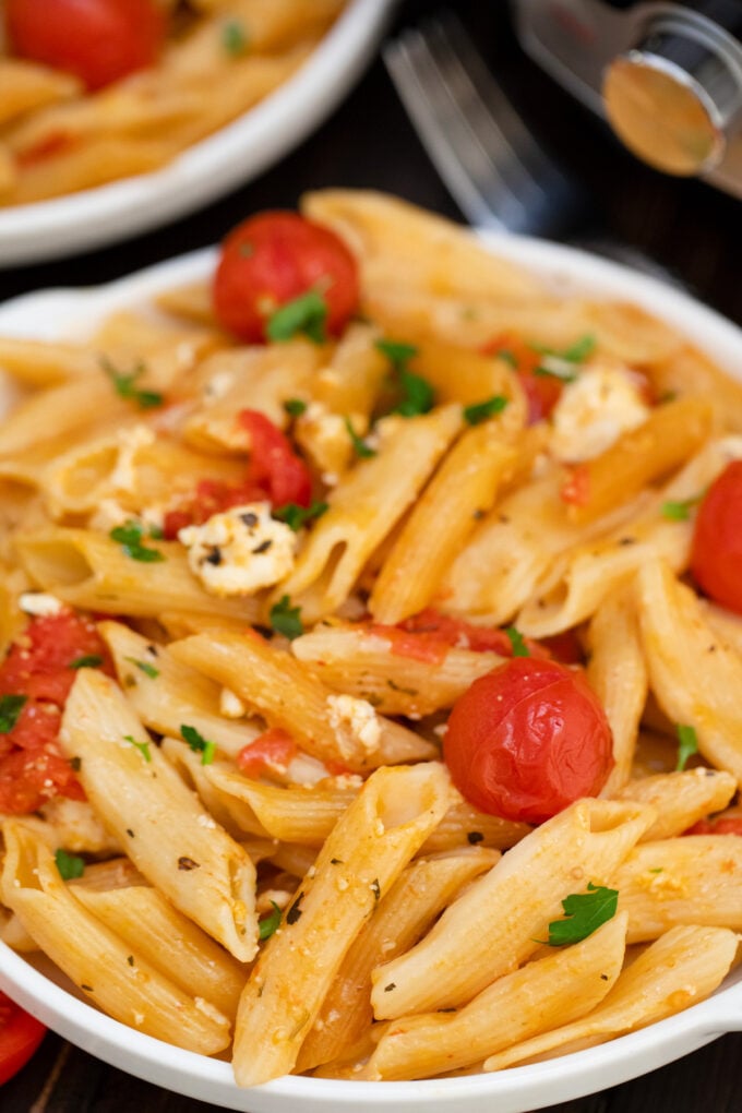 Homemade Instant Pot feta pasta with rigatoni noodles.