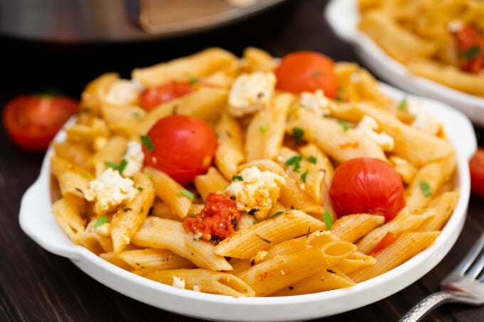 A bowl of Instant Pot feta pasta.