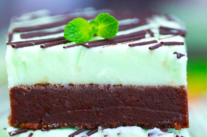 Homemade Irish mint brownies topped with fresh mint leaves.