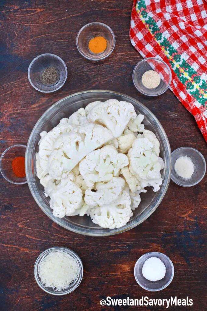 air fryer cauliflower ingredients in individual bowls