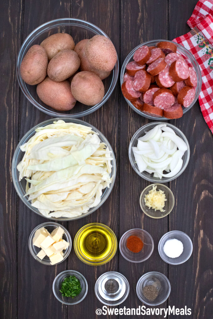 cabbage and sausage foil packets ingredients on a table