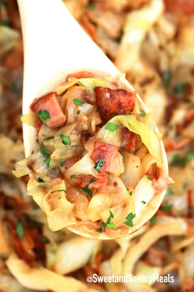 fried cabbage with bacon and onions