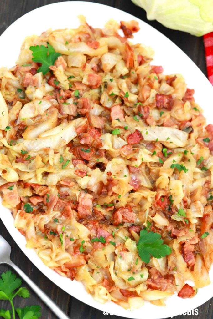 cabbage with bacon and onions on a plate