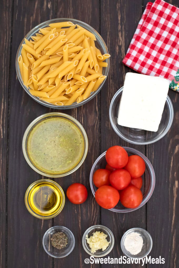 instant pot feta pasta ingredients on a table