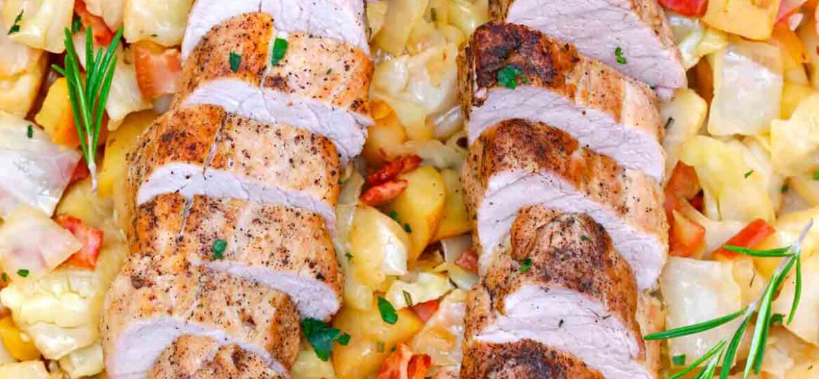 pork tenderloin with cabbage in a pan