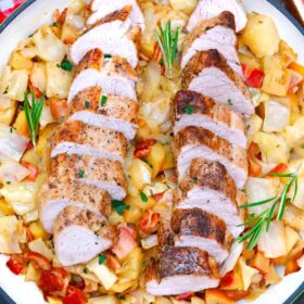 pork tenderloin with cabbage in a pan