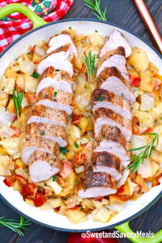 pork tenderloin with cabbage in a pan