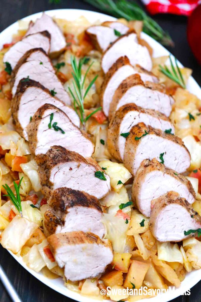 pork tenderloin with cabbage on a plate