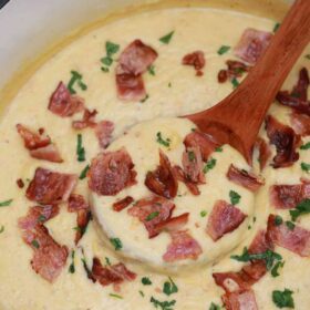 potato and cabbage soup in a saucepan