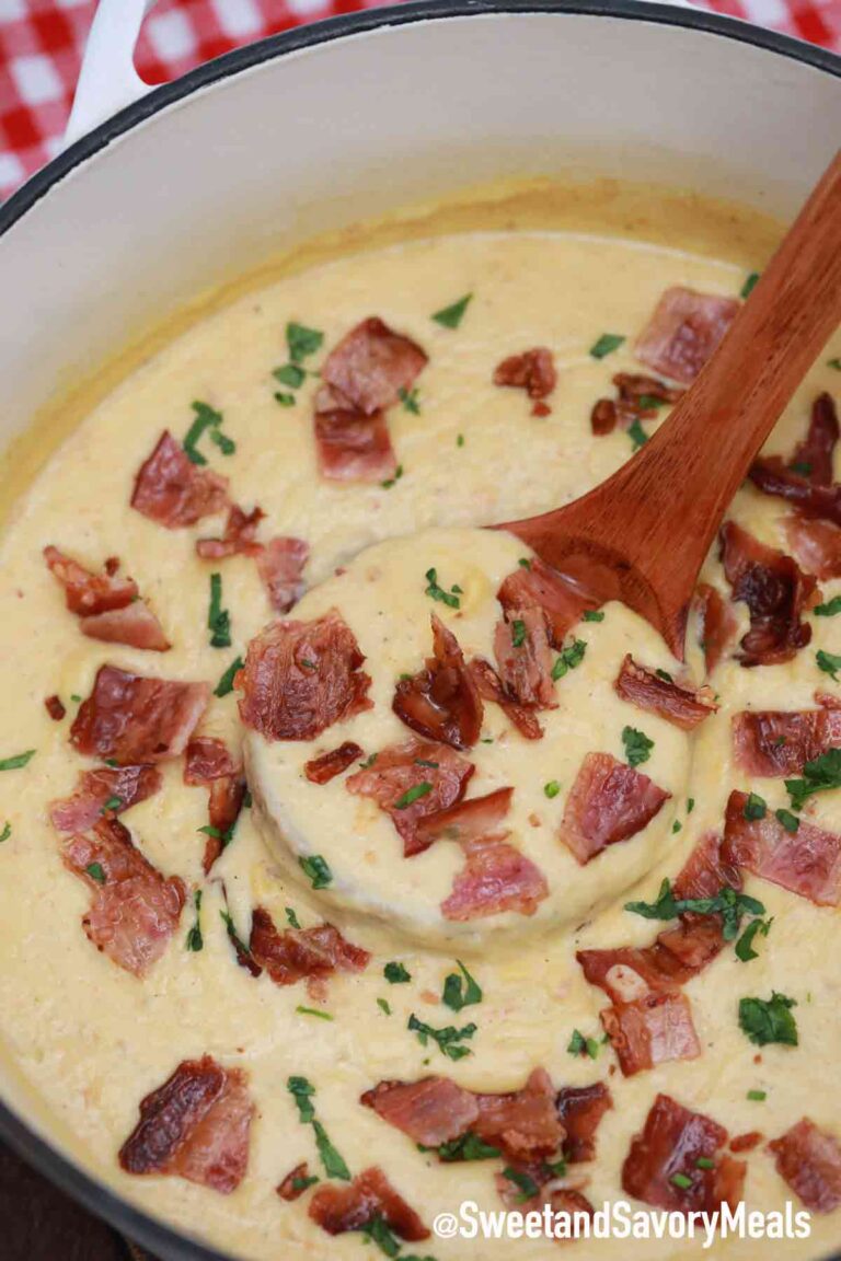 potato and cabbage soup in a saucepan