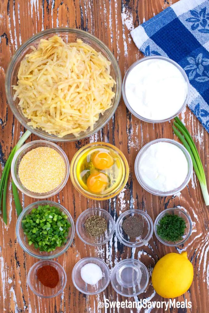 crispy potato latkes ingredients on a table