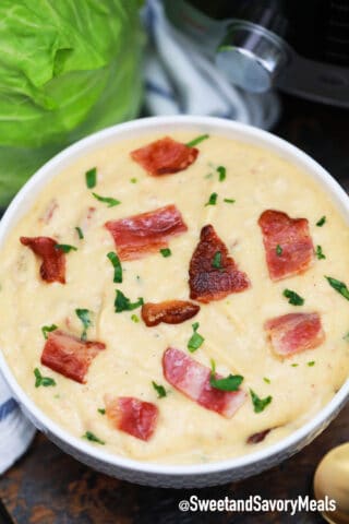 pressure cooker potato and cabbage soup in a bowl