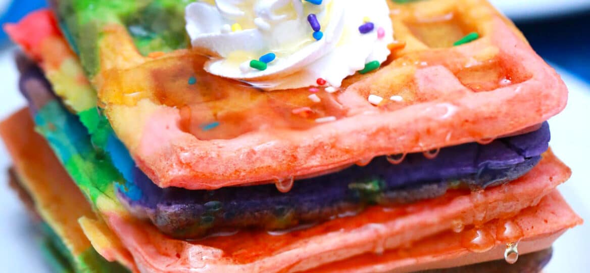 rainbow waffles with whipped cream
