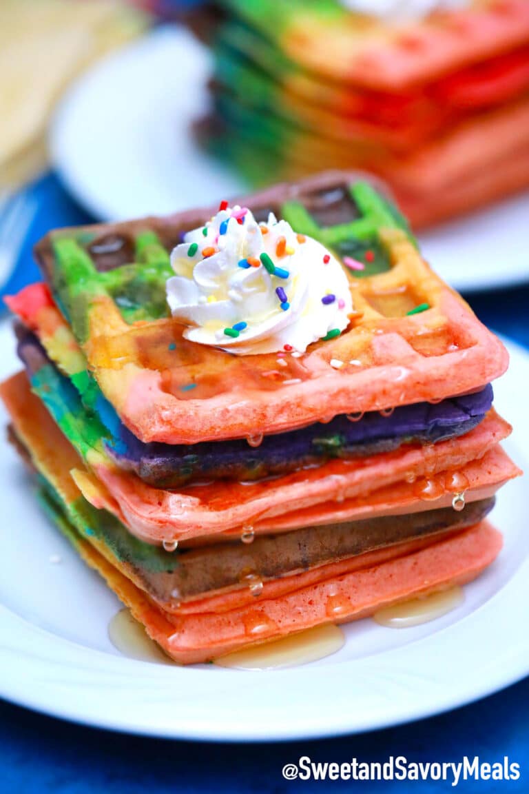 rainbow waffles with whipped cream