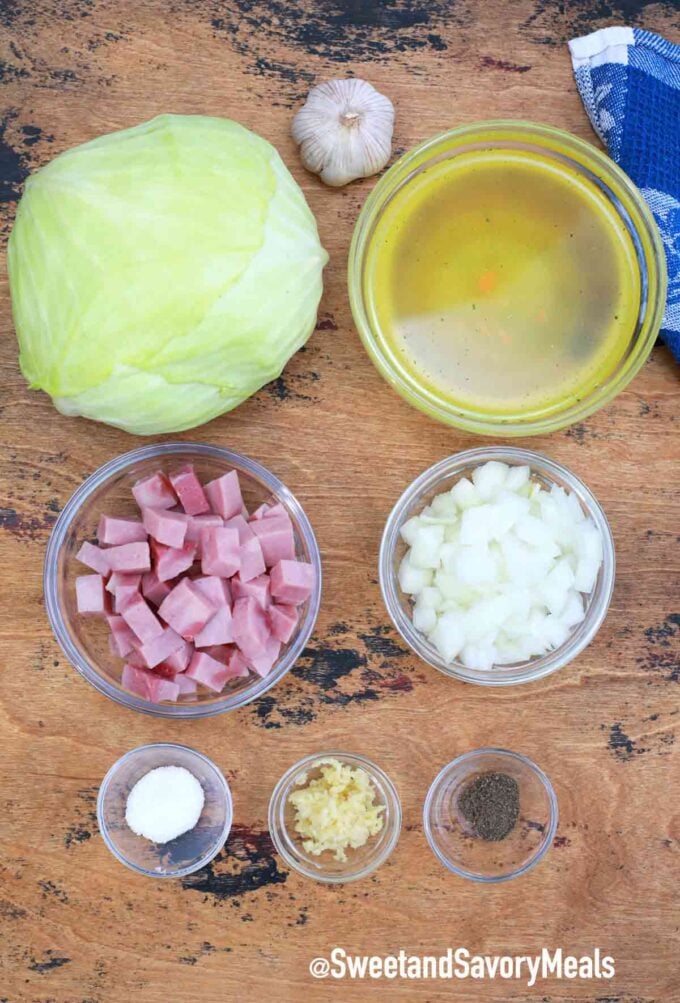 cabbage and ham ingredients on a table