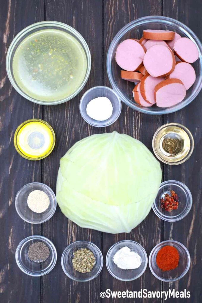 slow cooker cabbage and sausage ingredients on a table