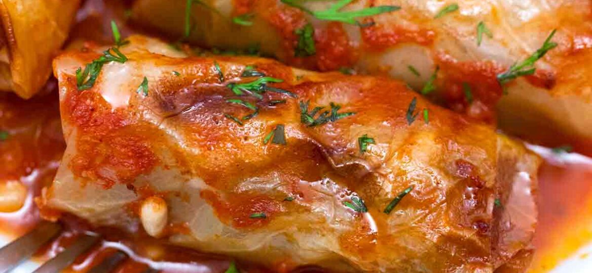 Turkish cabbage rolls in a tomato sauce