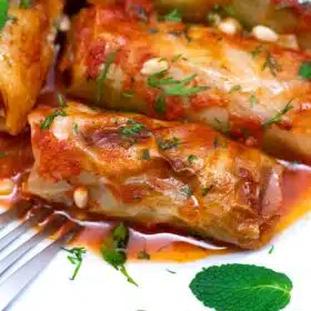 Turkish cabbage rolls in a tomato sauce
