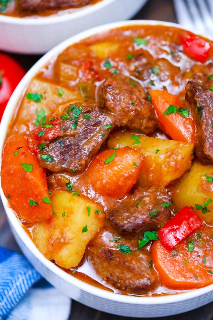 Overhead shot of spicy Mexican beef stew with carrots and potatoes.