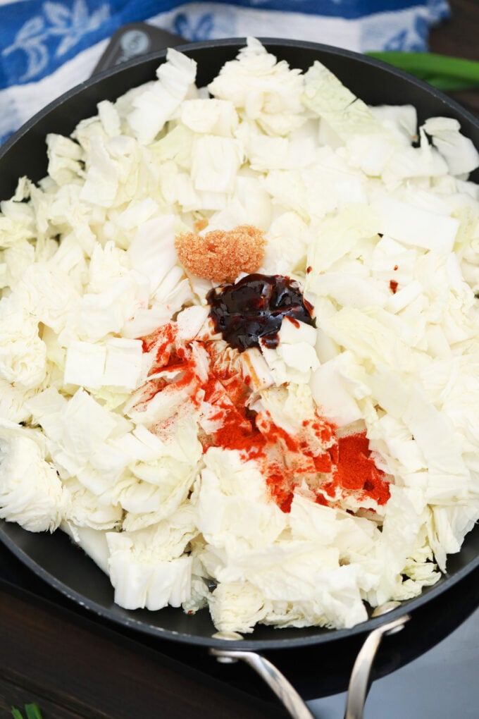 Cooking Napa cabbage with brown sugar, hoisin sauce, soy sauce, and paprika.