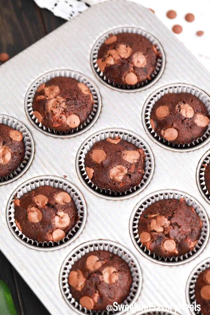 chocolate zucchini muffins in a muffin pan