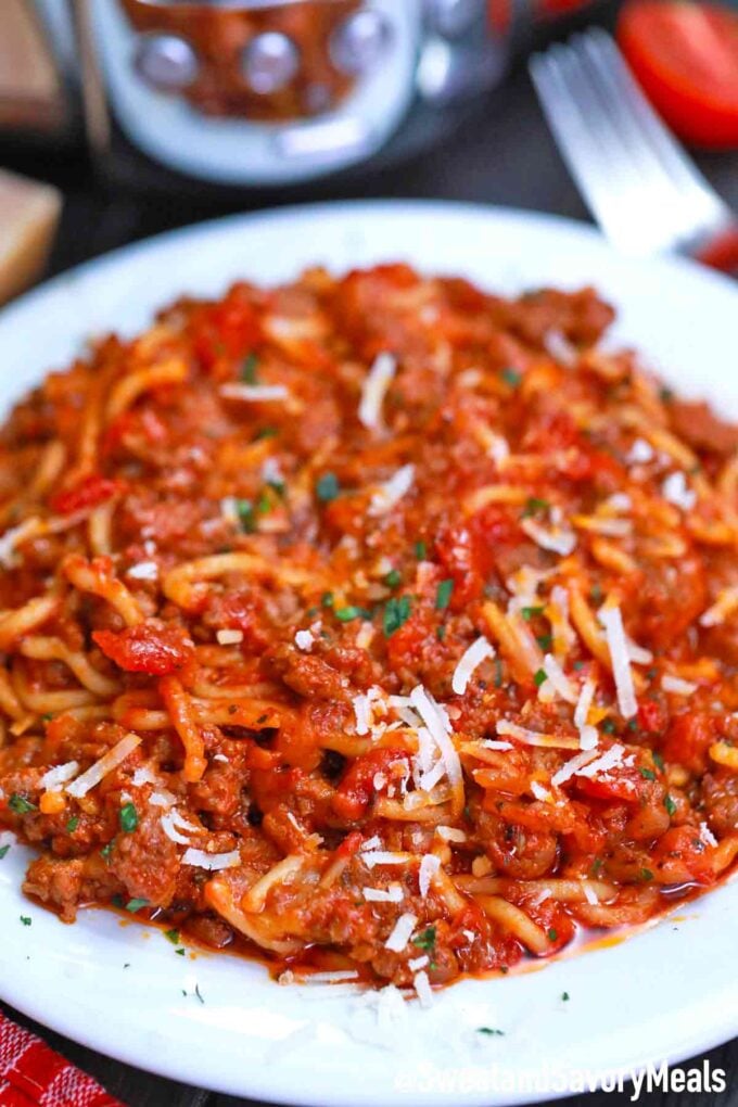 crockpot spaghetti casserole on a plate